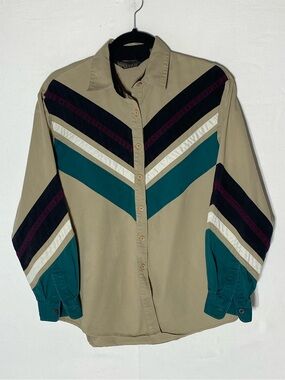 Vintage 90s Spindle River Khaki Teal  Chevron Long Sleeve Western Shirt M